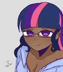 Size: 1775x2048 | Tagged: safe, artist:eltrash_art6, derpibooru import, twilight sparkle, human, g4, bedroom eyes, blackwashing, blushing, clothes, cute, dark skin, female, glasses, gray background, humanized, image, jpeg, messy hair, shirt, simple background, solo, twiabetes