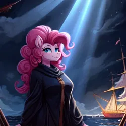 Size: 768x768 | Tagged: safe, ai content, derpibooru import, machine learning generated, prompter:chillyhooves, stable diffusion, pinkie pie, anthro, clothes, coat, image, jpeg, night, sailing, ship, solo