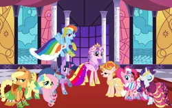 Size: 1024x646 | Tagged: safe, artist:90sigma, artist:beta-failure, artist:hikarisah, artist:naaieditions, artist:pegasus-drake, derpibooru import, applejack, fluttershy, pinkie pie, princess cadance, rainbow dash, rarity, twilight sparkle, twilight sparkle (alicorn), oc, oc:pizza pie, alicorn, earth pony, pegasus, pony, unicorn, fanfic:full friendship's magic, g4, canterlot, clothes, dress, gala dress, horn, image, pizza pie, png