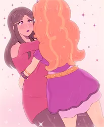 Size: 2261x2748 | Tagged: safe, artist:kekibon, derpibooru import, adagio dazzle, bedroom eyes, belt, blushing, bra, bra strap, bracelet, clothes, crossover, crossover shipping, dress, duo, duo female, eyeshadow, female, hug, image, leggings, lesbian, lipstick, looking at each other, looking at someone, makeup, mandy (totally spies), png, shipping, shirt, skirt, spiked wristband, totally spies, underwear, wristband