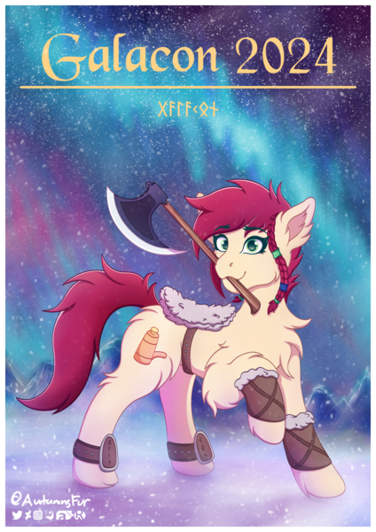 Size: 2024x2862 | Tagged: safe, artist:autumnsfur, derpibooru import, oc, oc:canni soda, unofficial characters only, earth pony, pony, accessory, aurora borealis, axe, braid, chest fluff, clothes, cream coat, cream fur, detailed background, earth pony oc, female, full body, galacon, galacon 2024, green eyes, hooves, image, looking at you, mare, mountain, night, night sky, outdoors, png, poster, raised hoof, red hair, red mane, red tail, signature, sky, snow, solo, stars, tail, viking, weapon