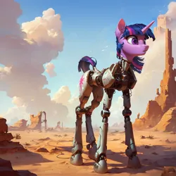 Size: 1216x1216 | Tagged: safe, ai content, derpibooru import, machine learning generated, prompter:star-dragon, stable diffusion, twilight sparkle, cyborg, pony, robot, robot pony, unicorn, g4, desert, female, generator:pony diffusion v6 xl, gynoid, image, png, science fiction, solo, twibot, unicorn twilight