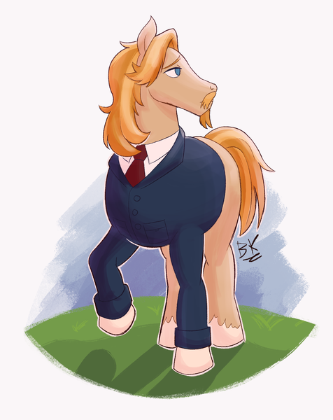 Size: 1560x1967 | Tagged: safe, artist:php191, derpibooru import, jeff letrotski, earth pony, pony, g4, clothes, facial hair, full body, image, looking away, male, png, raised hoof, simple background, stallion, suit