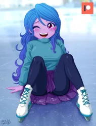 Size: 1000x1315 | Tagged: safe, artist:uotapo, derpibooru import, izzy moonbow, equestria girls, g4, g5, blushing, boots, clothes, cute, female, ice, ice skates, ice skating, image, izzybetes, jpeg, leggings, open mouth, shoes, skates, skirt, solo, sweater, uotapo is trying to murder us