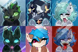 Size: 4096x2731 | Tagged: safe, artist:minty--fresh, derpibooru import, oc, oc:dronea-24-753, oc:lissy fluffball, oc:lunar groove, oc:nimbus shade, oc:somber shade, oc:tarsi, unofficial characters only, changeling, kirin, pegasus, pony, changeling oc, cute, glasses, image, jpeg, kirin oc, one eye closed, pfp, profile picture, tongue out, underhoof, wink