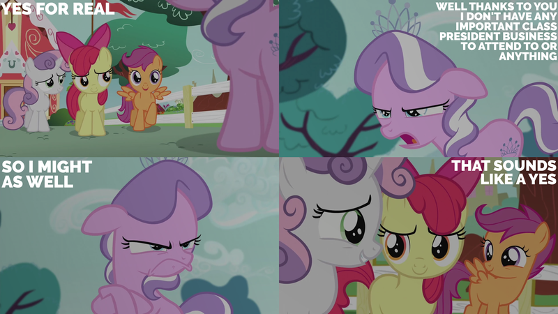 Size: 2000x1125 | Tagged: safe, derpibooru import, edit, edited screencap, editor:quoterific, screencap, apple bloom, diamond tiara, scootaloo, sweetie belle, earth pony, pegasus, pony, crusaders of the lost mark, g4, season 5, cutie mark crusaders, female, fence, filly, foal, image, png, ponyville schoolhouse