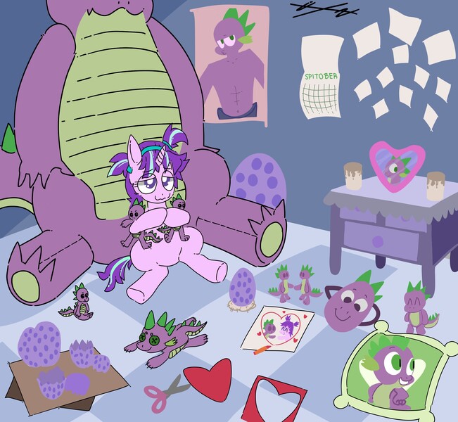 Size: 2560x2360 | Tagged: safe, artist:hollaholla69, derpibooru import, spike, starlight glimmer, dragon, pony, bedroom eyes, calendar, candle, collection, crush, cute, doll, egg, female, heart, hug, image, jpeg, love, male, mask, not creepy, obsessed dash meme, obsession, picture, pillow, plushie, poster, scissors, ship:sparlight, shipping, shrine, spike plushie, stalker shrine, straight, toy, yandere