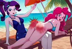 Size: 1600x1095 | Tagged: suggestive, ai content, machine learning generated, prompter:desconhecido2000, pinkie pie, rarity, human, equestria girls, ass, balloonbutt, beach, bikini, butt, clothes, image, jpeg, over the knee, reddened butt, spank mark, spanked, spanking, swimsuit