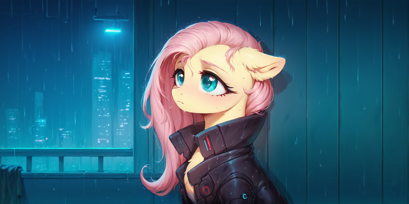 Size: 2400x1200 | Tagged: safe, ai content, derpibooru import, machine learning generated, prompter:greesys, fluttershy, pony, bust, clothes, cyberpunk, image, png, portrait, rain, sad, solo