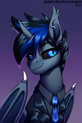 Size: 2000x3000 | Tagged: safe, artist:jedayskayvoker, derpibooru import, oc, oc:umbra nights, unofficial characters only, alicorn, bat pony, pony, bat wings, black sclera, bust, clothes, commission, ear piercing, eyebrows, eyebrows visible through hair, folded wings, gradient background, horn, icon, image, male, necktie, piercing, png, portrait, shirt, slit pupils, smiling, smirk, solo, stallion, suit, wings