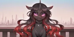 Size: 2400x1200 | Tagged: safe, ai content, derpibooru import, machine learning generated, prompter:greesys, oc, oc:redaria vesel, changeling, bust, choker, image, looking at you, png, portrait, purple eyes, solo