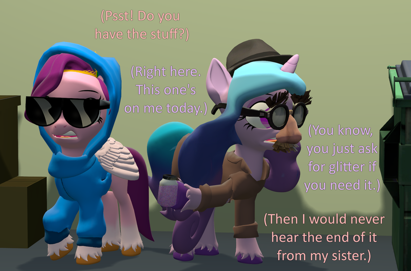 Size: 1638x1080 | Tagged: safe, artist:red4567, derpibooru import, izzy moonbow, pipp petals, pegasus, pony, unicorn, g4, g5, 3d, alley, atg 2024, clothes, coat markings, colored hooves, disguise, duo, duo female, fedora, female, g5 to g4, generation leap, glitter, groucho mask, hat, hoodie, hooves, horn, image, jar, mare, newbie artist training grounds, png, socks (coat marking), source filmmaker, sunglasses, trenchcoat, unshorn fetlocks