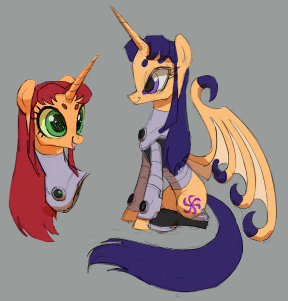 Size: 1010x1058 | Tagged: safe, artist:house-of-tykayl, derpibooru import, ponified, alicorn, pony, alicornified, bat wings, blackfire, boots, clothes, costume, dc comics, gorget, image, jpeg, large wings, race swap, shoes, sitting, smiling, starfire, teen titans, wings