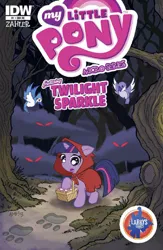 Size: 400x615 | Tagged: safe, artist:tonyfleecs, derpibooru import, idw, twilight sparkle, bird, pony, unicorn, g4, basket, comic cover, cover, cover art, dead tree, female, filly, filly twilight sparkle, foal, footprint, forest, glow, glowing eyes, glowing eyes of doom, hood, image, jpeg, little red riding hood, micro-series #1, my little pony logo, my little pony micro-series, nature, open mouth, outdoors, red eyes, scared, solo, tail, tree, unicorn twilight, variant cover, younger