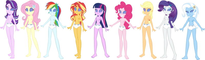 Size: 3446x1006 | Tagged: questionable, artist:invisibleink, artist:tylerajohnson352, derpibooru import, applejack, fluttershy, pinkie pie, rainbow dash, rarity, starlight glimmer, sunset shimmer, trixie, twilight sparkle, twilight sparkle (alicorn), alicorn, human, equestria girls, g4, brainwashed, brainwashing, diaper, hypnosis, hypnotized, image, nipples, non-baby in diaper, nudity, png, simple background, swirly eyes, transparent background