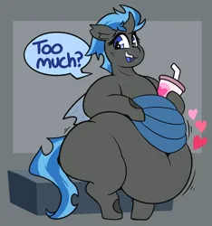 Size: 3736x3993 | Tagged: safe, artist:graphenescloset, derpibooru import, oc, oc:nirvana, changeling, adorafatty, belly, belly button, big belly, changeling oc, chunkling, dialogue, drink, fat, female, huge belly, image, obese, png, solo, thighs, thunder thighs