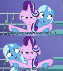 Size: 1920x2160 | Tagged: safe, artist:not-yet-a-brony, derpibooru import, edit, edited screencap, screencap, starlight glimmer, trixie, all bottled up, g4, duo, duo female, female, floppy ears, image, lyrics, lyrics in the description, png, singing, song, song in the description, song reference, starlight glimmer is not amused, text, trixie's puppeteering, unamused, youtube link in the description