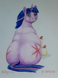 Size: 2057x2742 | Tagged: safe, artist:soobel, derpibooru import, twilight sparkle, pony, unicorn, atg 2024, cake, eating, fat, female, food, image, jpeg, mare, newbie artist training grounds, obese, solo, traditional art, twilard sparkle, unicorn twilight