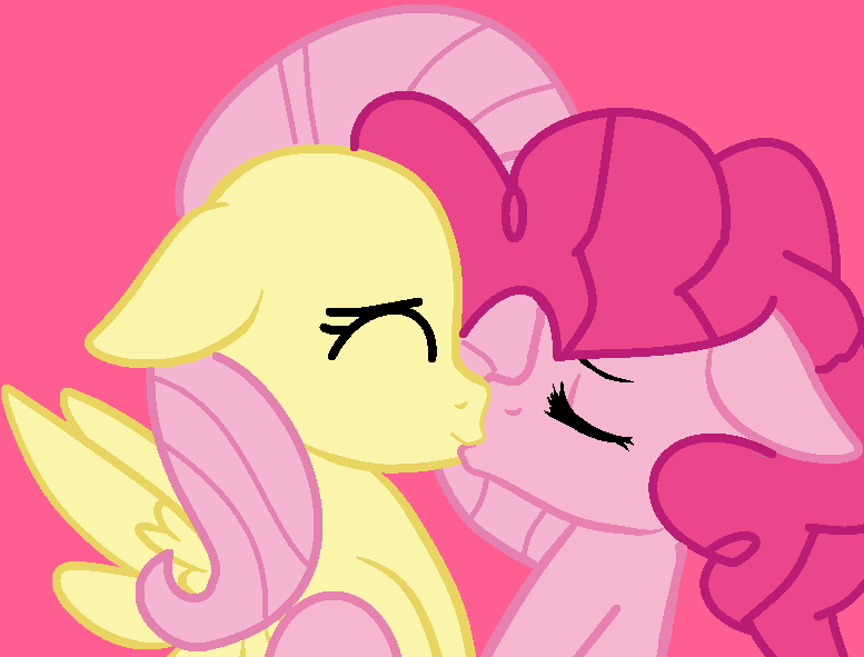 Size: 777x591 | Tagged: safe, artist:jadeharmony, derpibooru import, fluttershy, pinkie pie, earth pony, pegasus, pony, ^^, base used, cute, daaaaaaaaaaaw, diapinkes, duo, eyes closed, female, floppy ears, image, kiss on the lips, kissing, lesbian, mare, pink background, png, ship:flutterpie, shipping, shyabetes, simple background, wholesome