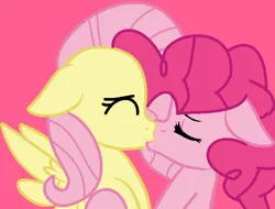 Size: 777x591 | Tagged: safe, artist:jadeharmony, derpibooru import, fluttershy, pinkie pie, earth pony, pegasus, pony, ^^, base used, cute, daaaaaaaaaaaw, diapinkes, duo, eyes closed, female, floppy ears, image, kiss on the lips, kissing, lesbian, mare, pink background, png, ship:flutterpie, shipping, shyabetes, simple background, wholesome