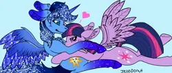 Size: 2800x1200 | Tagged: safe, derpibooru import, twilight sparkle, twilight sparkle (alicorn), oc, oc:blue thunder, alicorn, pony, canon x oc, chest fluff, cuddling, female, hug, image, love, male, png, shipping, stallion, straight, thundersparkle