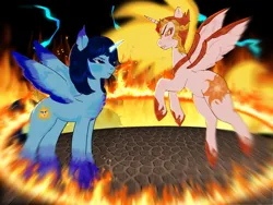 Size: 2048x1536 | Tagged: safe, derpibooru import, daybreaker, oc, oc:blue thunder, alicorn, battlefield, fight, fire, image, lightning, png