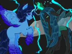 Size: 2048x1536 | Tagged: safe, derpibooru import, queen chrysalis, oc, oc:blue thunder, alicorn, pony, dark background, fight, image, lightning, png