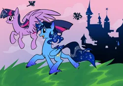 Size: 2388x1668 | Tagged: safe, derpibooru import, twilight sparkle, twilight sparkle (alicorn), oc, oc:blue thunder, alicorn, pony, canon x oc, canterlot, female, flying, grass, grass field, image, male, png, shipping, straight, thundersparkle, twilight's castle