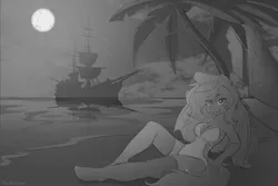 Size: 5813x3889 | Tagged: safe, artist:madelinne, derpibooru import, oc, oc:umbra glow, unofficial characters only, anthro, bat pony, pony, bat pony oc, bat wings, boat, clothes, cloud, female, image, mare, night, ocean, palm tree, png, swimsuit, tree, water, wings