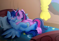 Size: 3954x2772 | Tagged: safe, derpibooru import, twilight sparkle, twilight sparkle (alicorn), oc, oc:blue thunder, alicorn, bed, bedroom ponies, blushing, canon x oc, female, image, jpeg, male, shipping, straight, thundersparkle, treehouse