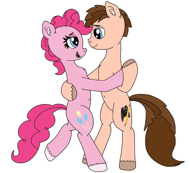 Size: 1351x1224 | Tagged: safe, artist:thebronypony123, derpibooru import, pinkie pie, oc, oc:braden, earth pony, g4, bipedal, canon x oc, female, image, jpeg, male, simple background, white background