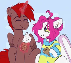 Size: 1696x1500 | Tagged: safe, artist:skysorbett, derpibooru import, oc, oc:hardy, alicorn, bat pony, pony, chest fluff, clothes, duo, ear fluff, eyes closed, female, food, ice cream, image, looking at each other, looking at someone, magic, male, mare, png, smiling, stallion, straight, telekinesis