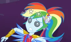 Size: 1016x595 | Tagged: safe, derpibooru import, screencap, rainbow dash, human, equestria girls, equestria girls series, g4, super squad goals, circling stars, clothes, crystal guardian, crystal wings, dizzy, female, geode of super speed, gritted teeth, image, knocked out, magical geodes, my little pony equestria girls: better together, png, ponied up, ponytail, solo, swirly eyes, teeth, wings