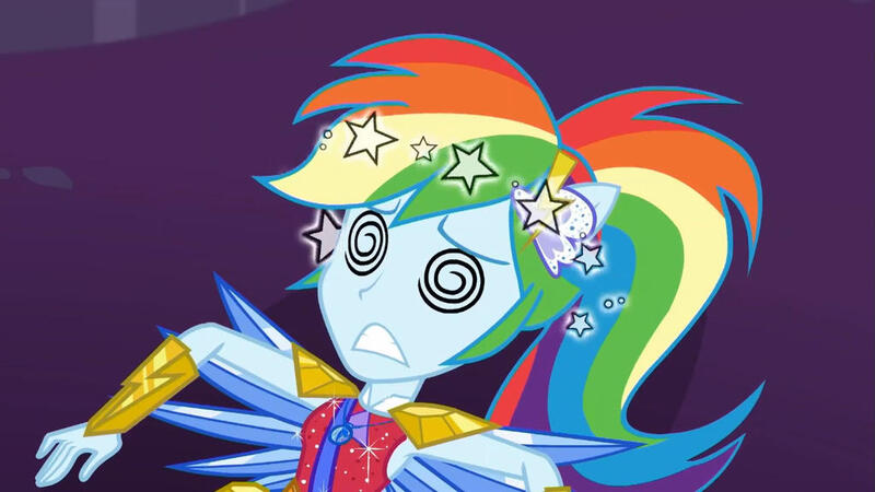 Size: 1024x576 | Tagged: safe, derpibooru import, screencap, rainbow dash, human, equestria girls, equestria girls series, g4, super squad goals, circling stars, clothes, crystal guardian, crystal wings, dizzy, female, geode of super speed, gritted teeth, image, jpeg, knocked out, magical geodes, my little pony equestria girls: better together, ponied up, ponytail, solo, swirly eyes, teeth, wings