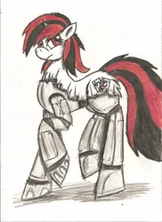 Size: 762x1048 | Tagged: safe, artist:zubias, derpibooru import, oc, oc:blackjack, unofficial characters only, cyborg, cyborg pony, pony, unicorn, fallout equestria, fallout equestria: project horizons, butt fluff, colored pencil drawing, cybernetic legs, fanfic art, horn, image, jpeg, level 1 (project horizons), raised hoof, simple background, small horn, traditional art, unicorn oc, white background