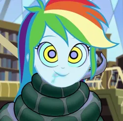 Size: 733x720 | Tagged: safe, artist:whitty101919, derpibooru import, edit, edited screencap, screencap, rainbow dash, human, snake, equestria girls, g4, coils, cute, dashabetes, drool, female, hypno dash, hypno eyes, hypnosis, hypnotized, image, jpeg, kaa, kaa eyes, library, wrapped up