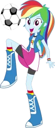 Size: 1024x2373 | Tagged: safe, artist:yoryiart1228, derpibooru import, rainbow dash, human, equestria girls, g4, boots, clothes, cute, dashabetes, female, football, image, kicking, open mouth, open smile, png, raised leg, shoes, skirt, smiling, solo, sports, vector