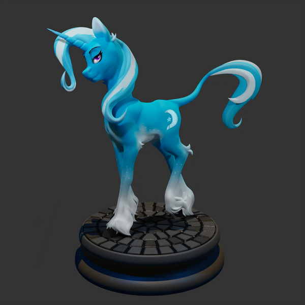 Size: 2160x2160 | Tagged: safe, artist:tenebrisnoctus, derpibooru import, trixie, classical unicorn, pony, unicorn, g4, 3d, 3d model, alternate design, aside glance, cloven hooves, female, gray background, high res, horn, image, leonine tail, lidded eyes, looking at you, mare, png, sideways glance, simple background, smiling, smiling at you, solo, unshorn fetlocks