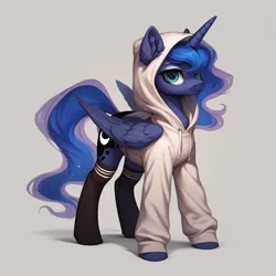 Size: 2048x2048 | Tagged: safe, ai content, derpibooru import, generator:autismmixpony, machine learning generated, prompter:liladash, stable diffusion, princess luna, alicorn, pony, g4, clothes, cute, ear fluff, folded wings, full body, hoodie, horn, image, looking at you, lunabetes, png, simple background, socks, solo, standing, wings