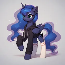 Size: 2048x2048 | Tagged: safe, ai content, derpibooru import, generator:autismmixpony, machine learning generated, prompter:liladash, stable diffusion, princess luna, alicorn, pony, g4, chest fluff, clothes, cute, ear fluff, folded wings, hoodie, horn, image, lunabetes, png, simple background, socks, solo, standing, wings