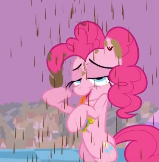 Size: 506x516 | Tagged: safe, screencap, pinkie pie, earth pony, pony, the return of harmony, bedroom eyes, bipedal, chaos, chocolate, chocolate rain, cropped, discorded landscape, element of laughter, eyebrows, female, food, image, jpeg, looking at you, mare, purple sky, rain, tongue out