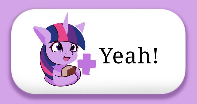 Size: 2048x1083 | Tagged: safe, artist:nari_artsz, derpibooru import, twilight sparkle, pony, unicorn, g4, book, button, emotes, eyes closed, female, horn, image, jpeg, lineless, mare, meme, miiverse, open mouth, plus sign, purple coat, reaction image, simple background, smiling, solo, two toned mane, yeah, yeah! (miiverse)