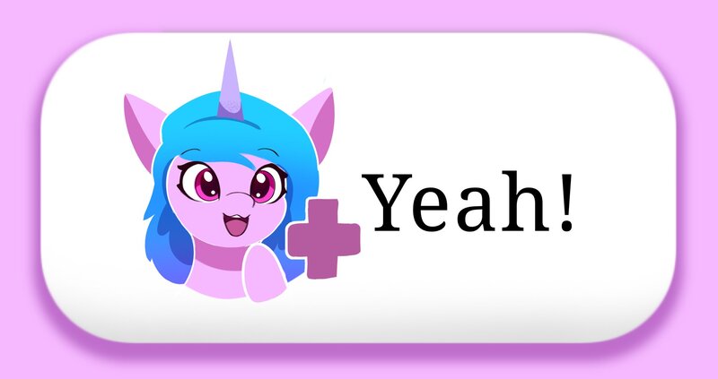 Size: 2048x1083 | Tagged: safe, artist:nari_artsz, derpibooru import, izzy moonbow, pony, unicorn, g5, blue mane, button, emotes, eyes closed, female, happy, horn, image, jpeg, lineless, looking at you, mare, meme, miiverse, open mouth, plus sign, purple coat, reaction image, simple background, smiling, solo, yeah, yeah! (miiverse)