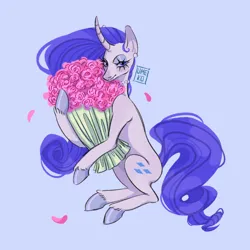 Size: 2048x2048 | Tagged: safe, artist:scarletravine, derpibooru import, rarity, pony, unicorn, g4, blue background, bouquet, female, flower, high res, hoof hold, horn, image, lidded eyes, looking at you, mare, png, simple background, sitting, smiling, smiling at you, solo, unshorn fetlocks