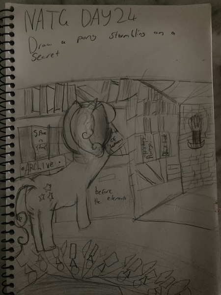 Size: 3024x4032 | Tagged: safe, artist:goldenmidnight, derpibooru import, twinkleshine, bookshelf, entrance, facing away, image, jpeg, library, monochrome, newbie artist training grounds, torch, traditional art