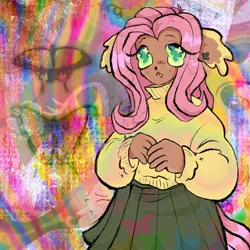 Size: 1200x1200 | Tagged: safe, artist:larvaecandy, derpibooru import, fluttershy, butterfly, human, insect, g4, :<, abstract background, alternate eye color, blush lines, blushing, clothes, colored pinnae, colored sclera, cutie mark accessory, cutie mark earrings, cutie mark eyes, ear fluff, ear piercing, eared humanization, earring, eye clipping through hair, fangs, female, floppy ears, green eyes, green sclera, green skirt, hands together, humanized, image, jewelry, jpeg, kemonomimi, mixed media, no pupils, piercing, pink hair, pleated skirt, shiny eyes, shiny hair, skirt, solo, sweater, sweatershy, tan skin, turtleneck, turtleneck sweater, wingding eyes, yellow sweater