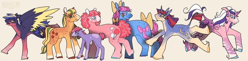 Size: 2048x508 | Tagged: safe, artist:venus_ai_, derpibooru import, applejack (g1), cotton candy (g1), ember (g1), firefly, moondancer (g1), twilight (g1), pegasus, pony, unicorn, g1, alternate cutie mark, alternate design, alternate hairstyle, blue coat, blue eyes, blue hooves, bow tie (g1), bowtie, braid, braided tail, colored wings, curly mane, curly tail, cyan eyes, eyelashes, female, headband, horn, image, jpeg, looking at you, mare, orange coat, orange eyes, pink coat, pink eyes, pink mane, pink tail, pose, purple coat, purple eyes, purple hooves, raised hoof, raised hooves, raised leg, red coat, red eyes, red hooves, short mane, short tail, signature, simple background, smiling, smiling at you, spread wings, tail, title card, two toned mane, two toned tail, two toned wings, unshorn fetlocks, wings, yellow hooves, yellow mane, yellow tail