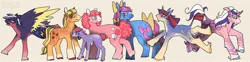 Size: 2048x508 | Tagged: safe, artist:venus_ai_, derpibooru import, applejack (g1), cotton candy (g1), ember (g1), firefly, moondancer (g1), twilight (g1), pegasus, pony, unicorn, g1, alternate cutie mark, alternate design, alternate hairstyle, blue coat, blue eyes, blue hooves, bow tie (g1), bowtie, braid, braided tail, colored wings, curly mane, curly tail, cyan eyes, eyelashes, female, headband, horn, image, jpeg, looking at you, mare, orange coat, orange eyes, pink coat, pink eyes, pink mane, pink tail, pose, purple coat, purple eyes, purple hooves, raised hoof, raised hooves, raised leg, red coat, red eyes, red hooves, short mane, short tail, signature, simple background, smiling, smiling at you, spread wings, tail, title card, twitterina design, two toned mane, two toned tail, two toned wings, unshorn fetlocks, wings, yellow hooves, yellow mane, yellow tail