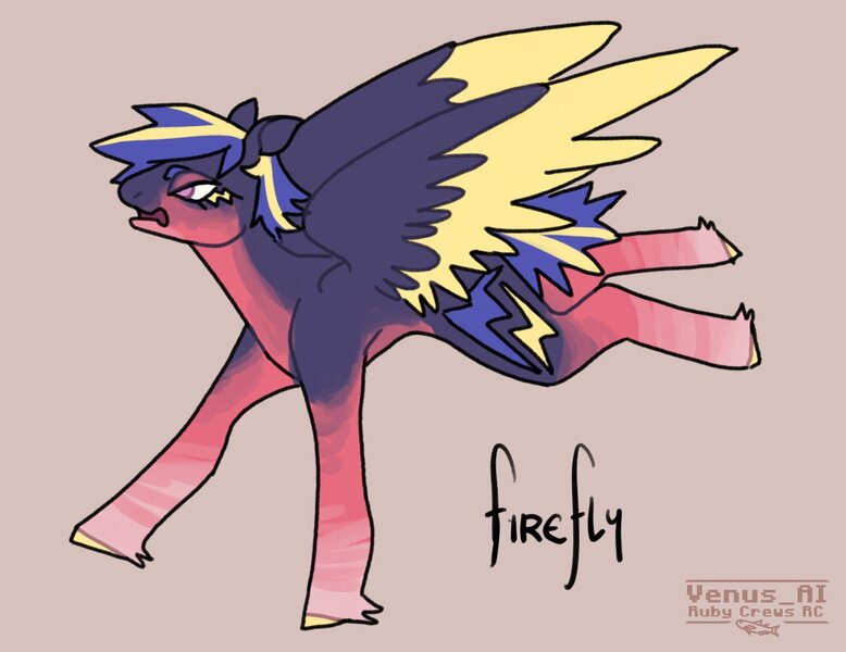 Size: 1453x1120 | Tagged: safe, artist:venus_ai_, derpibooru import, firefly, pegasus, pony, g1, alternate cutie mark, alternate design, alternate hairstyle, blue coat, colored wings, eyelashes, female, image, jpeg, mare, pink eyes, pose, raised hoof, raised hooves, raised leg, red coat, signature, simple background, spread wings, tail, title card, two toned mane, two toned tail, two toned wings, unshorn fetlocks, wings, yellow hooves