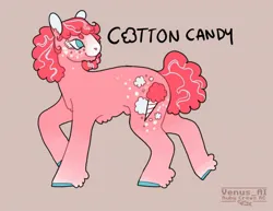 Size: 1453x1120 | Tagged: safe, artist:venus_ai_, derpibooru import, cotton candy (g1), earth pony, pony, g1, alternate cutie mark, alternate design, alternate hairstyle, blue eyes, curly mane, curly tail, female, image, jpeg, mare, pink coat, pink mane, pink tail, raised leg, signature, simple background, tail, title card, two toned mane, two toned tail, unshorn fetlocks